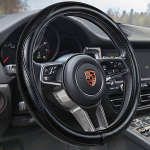 lot 8201 image: HAOKAY Top Grade Black Genuine Leather Steering Wheel Cover Men Women, Luxury Steering Wheel Cover for Cars, SUVS and Trucks��Universal 14.5-15 inch