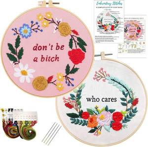 lot 8204 image: Nuberlic 2 Sets Funny Embroidery Kit with Stamped Floral Pattern for Beginners Adults Simple Cross Stitch Kits Include Needlepoint Cloth Hoops Needles Threads