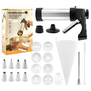 lot 8230 image: Stainless Steel Churro Maker Machine with 8 Discs Nozzles and 8 Piping Tips Cleaning Brush & Filling Piping Bag,maquina Para Hacer Churro cookie press