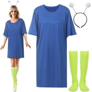 lot 8260 image: Toulite 3 Pcs Halloween Alien Costume for Women Blue T Shirt Alien Headband Knee High Socks for Halloween Women Adult Cosplay