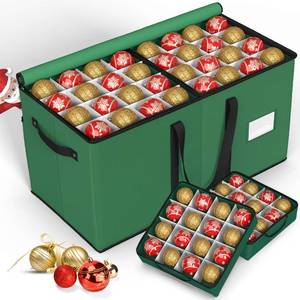 lot 11226 image: Keten Christmas Ornament Storage Boxes with 8 Individual Trays, Fits 128 Holiday Ornaments 3-Inch, Christmas Ball Accessories Container with 48 Dividers, Dual Zippered Closure, 600D Oxford (Green)