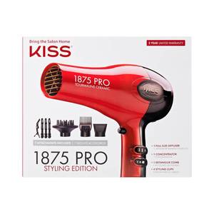 lot 11260 image: KISS 1875 Watt Pro Tourmaline Ceramic Hair Dryer, Styling Edition, 3 Heat Settings, 2 Speed Settings, Cool Shot Button, 7 Blow Dryer Accessories Included, 2-Year Warranty - Red