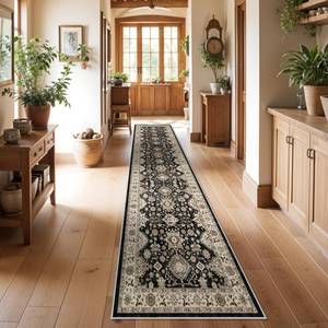 lot 11263 image: Washable Hallway Runner Rug 3x12 Non Slip Runner Rugs with Rubber Backing Soft Kitchen Rug Farmhouse Distressed Carpet Runner for Living Room Bedroom Bathroom (Black, 3X12)