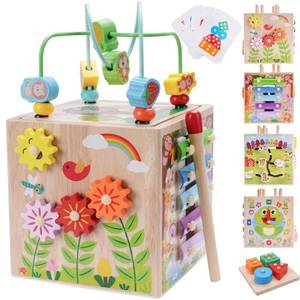 lot 11281 image: Wooden Activity Cube  Montessori Toys for 1 2 3 Year Old Toddlers  One Year Old 1st First Birthday Gift  Educational Toys for 12 Months Baby Boys Girls  Bonus Sorting & Stacking Game (Pink)