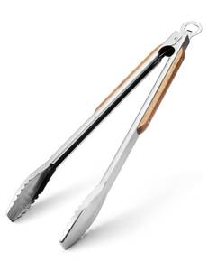 lot 12048 image: Wood-Handled Grill Tongs, 19.550cm Extra Long BBQ Tongs, Heavy Duty Premium Stainless Steel Metal Tongs with Solid Wood Handles, for Charcoal, Grilling, BBQ, Barbecue, Cooking