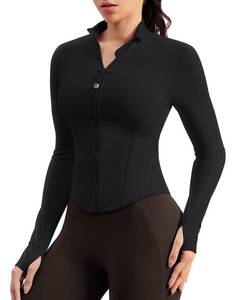lot 12060 image: QUEENIEKE BareLuxe Corset BBL Jacket for Women Zip Up Waist-Length Cropped Running Workout Athletic Top with Thumb Holes (Black, Small)