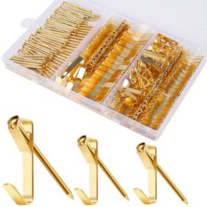 lot 12065 image: 184 Pieces Picture Hanging Kit, 20lb, 30lb, and 50lb Picture Hangers, Metal Picture Hanging Hooks with Nails, on Drywall, Wooden Wall(Gold)
