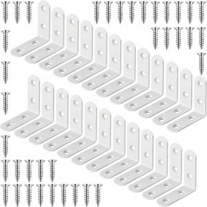lot 12101 image: 24 Pack White L Bracket 1.57 Inch Stainless Steel Corner Braces, 40x40mm 90 Degree Right Angle Joint Brackets for Wood Shelves, Cabinet, Frame, with Screws