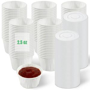 lot 12107 image: DTFMZOV Disposable Sauce Cups 2.5oz,100 Count, Disposable Paper Condiment Cups with Lids, Ketchup Cups for Medication, Pills, Desserts, Samples and Sauce (White)