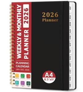 lot 12110 image: 2026 Planner, Weekly and Monthly Calendar Planner, January 2026 - December 2026, Hardcover 2026 Calendar Book with Tabs For Women & Men, Inner Pocket, Spiral Bound, Perfect for Office Home School Supplies - A4 (8.5 x 11), Black