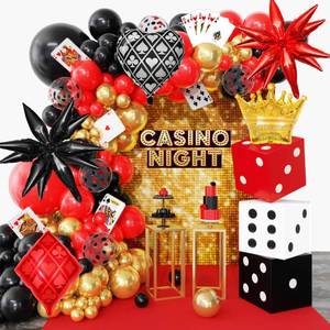 lot 12112 image: 144PCS Dice Favor Boxes Casino Theme Party Decorations , Casino Balloon Arch Garland Kit Red Black Gold Dice Crown Poker Foil Balloons for Poker Las Vegas Game Night Casino Party Supplies