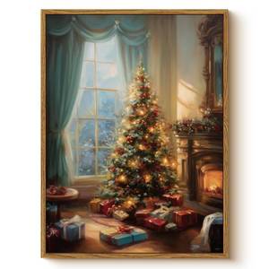 lot 12114 image: Classic Christmas Tree and Fireplace Festive Living Room Scene Wall Art, 12x16 Inch Framed Canvas Print with Holiday Lights and Gift Boxes, Rustic Winter Home Decor Entryway Mantel Display