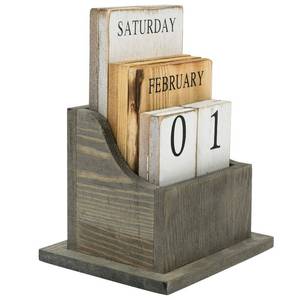 lot 12118 image: MyGift Solid Wood Perpetual Desk Calendar in Vintage Gray Finish with Wooden Tiles Month, Date and Day, Home and Office Desktop Accessory, Holiday Gift Idea, 10 Pc Set