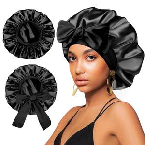 lot 12120 image: 2Pcs Satin Silk Hair Bonnet for Sleeping Women,Large Bonnets with Elastic Wide Tie Band Silk Sleep Cap,Hair Wrap Night Cap with Adjustable Straps for Black Women Curly Hairs Jumbo Bonnet Braid - Black
