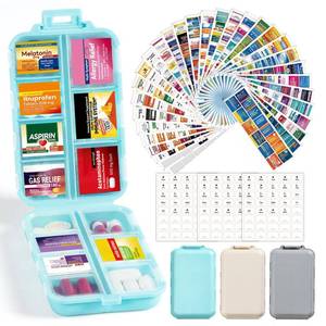 lot 12124 image: 3 Pack 14 Grids Travel Pill Organizer Box with 415-Pcs Medicine Name Labels - Pocket Daily Pharmacy Case Container Kit - Travel Medication Holder Dispenser for Fish Oil Vitamin, KhakiGreySky Blue