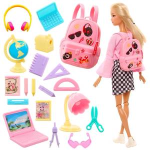 lot 12126 image: ENOCHT 19 Pcs Girl Doll School Accessories Backpack Mini Desk Lamp Laptop Mini Globe Glasses and Headset for 11.5 Inch Doll School Playset
