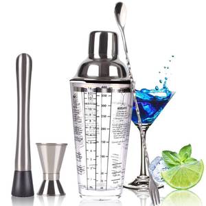 lot 12129 image: Cocktail Shaker Set,14 oz Glass Mixing Cup with Measurements, Stainless Steel Martini Mixer, Muddler, Jigger, Spoon, 4 Piece Bar Tool Kit