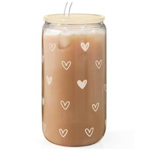 lot 12142 image: SANDJEST Heart 16oz Can Glass Tumbler with Acrylic Lid & Straw, Iced Coffee Cup for Women, Aesthetic Cups Gifts for Birthday Christmas Valentine
