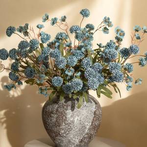 lot 19045 image: HyeFlora Fake Kiku Flowers, Faux Silk Pompon Mums Artificial Flowers, Chrysanthemum Stems Floral Arrangement Dried Flowers Vintage Decorative Indoor Home Decor Blue with Wax (Vase not Included)
