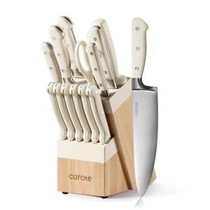 lot 19057 image: CAROTE 14 Pieces Knife Set with Block, Forged, High Carbon Stainless Steel Sharp Blade Block Knife Set, Dishwasher Safe Cutlery, Cream