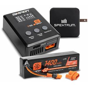 lot 19089 image: Spektrum Accessories Smart Powerstage Bundle 1400mAh 2S 30C LiPo Battery (IC2)  S100 Charger  65W Power BlockAdapter, SPMXPSS215