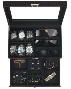 lot 19090 image: Kukikan Watch Jewelry Box Organizer, 6-Slot 2-Layer Watch Case and Sunglasses Storage with Large Glass Lid, Mens Jewelry Box with Lock, Watch Holder Display Case, Gift for Men Women