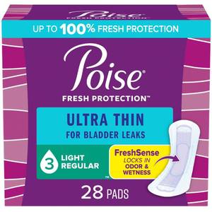 lot 20183 image: Poise Ultra Thin Incontinence Pads & Postpartum Pads for Bladder Leaks, 3 Drop Light Absorbency, Regular Length, 28 Count, Packaging May Vary