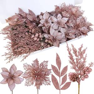 lot 20234 image: Winlyn 35 Pcs Christmas Artificial Poinsettia Flowers Picks and Artificial Leaves Sprays Rose Gold Glitter Christmas Floral Picks for Rose Gold Christmas Tree Wedding Holiday Decor Centerpiece Wreath