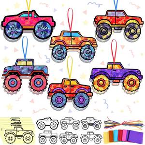 lot 20238 image: AmazingSpark 30 Pcs Monster Truck Christmas Ornaments DIY Monster Truck Suncatchers Paper Craft Set Stained Glass Effect Tissue Paper Kits Gift Bulk for Xmas Activities Art Party Decor
