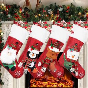 lot 20251 image: COOLWUFAN Christmas Stockings 4 Pack, 19 Xmas Stockings with Snowflake Santa Snowman Reindeer Penguin and Plush Faux Fur Cuff Stockings for Stairs Fireplace Hanging Xmas Home Decor