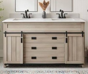lot 1 image: Style Selections Morriston 60-in Light Natural Oak Undermount Double Sink Bathroom Vanity with White Engineered Stone Top- Retail $799