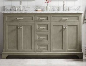 allen + roth Roveland 60-in Smokewood Undermount Double Sink Bathroom Vanity with Natural Carrara Natural Marble Top- Retail: $1799