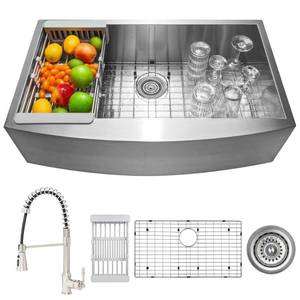 AKDY Handmade All-in-One Farmhouse Stainless Steel 33 in. x 22 in. Single Bowl Kitchen Sink Spring Neck Faucet  Accessories- Retail: $399