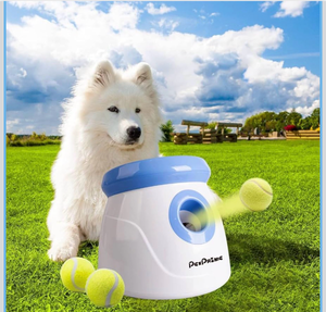 lot 17201 image: PetPrime Dog Automatic Ball Launcher Dog Interactive Fetch Toy Pet 2 Thrower Throwing Game 3 Tennis Balls Tennis Mini Size Ball Launcher for Dogs Included Launch Distance 10-30ft - Retail $79