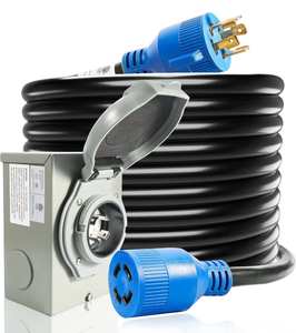 lot 17202 image: 30 Amp Generator Cord and Power Inlet Box, 25FT Generator Cords 30 Amp,125V250V Generator Power Cord NEMA L14-30P to L14-30R,Twist Lock Connector - Retail $95