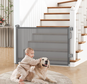 lot 17206 image: Retractable Baby Gate for Stairs, 55 Wide Mesh Dog Gate Indoor, 34 Tall Child Gate for Doorways, Hallways, Deck, Indoor Outdoor Pet Baby Safety Essentials for Home, Grey - Retail $0