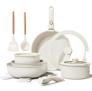 lot 17209 image: Ceramic Nonstick Cookware Set, Healthy,Non Toxic,17-Pieces Pots and Pans Set Removable Handles,Induction RV Kitchen Set,Stain & Scratch-resistant,DishwasherOven Safe,PFASPFOA Free,Cream White - Retail $79