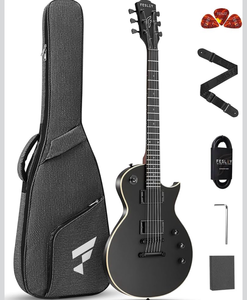 lot 17210 image: Fesley 39 LP Electric Guitar Kit Full Size Solid Body Electric Guitars for Beginners with Humbucker Pickups, Poplar Body, Mahogany Neck,22 Frets,6 String Guitar with Gig Bag,Cable,FLP350,Matte,Black - Retail $199