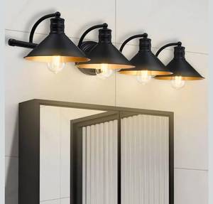 lot 17219 image: 4 Light Bathroom Vanity Light Over Mirror - Black and Gold Farmhouse Wall Light for Bathroom Vanity Powder Room, Rustic Goose Neck Barn Style 4 Bulb Wall Sconce Over Kitchen Sink - Retail $99
