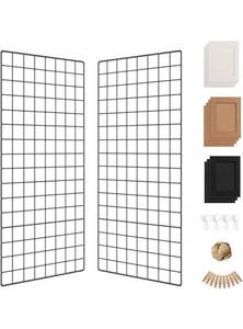 lot 17230 image: Wall Photo Grid Shelf, Wall Hanging Ins Art Display Grid Panel for Decor & Storage, Metal Wire Notice Boards & Memo Board, Mesh Tool Organiser, Wall Photo Frame 2 Pcs (Black, 15.7 x 31.5 inches) - Retail $37