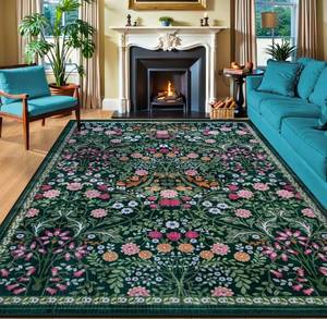 lot 17231 image: Area Rugs 9x12 Living Room Floral Washable Rug Vintage Large Soft Boho Non-Slip Carpet Indoor Floor Stain Resistant Low Pile Carpets for Bedroom Dining Room Farmhouse Nursery Home Office Dark Green - Retail $109