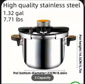 lot 17235 image: Stainless Steel Pressure Cooker - High-Pressure Fast Cooking with One-Touch Locking Lid, Induction & Gas Stove Compatible, 201 Stainless Steel Construction, Safety Valve & Pressure Gauge, Lightweight & Durable for IndoorOutdoor Use - Retail $0