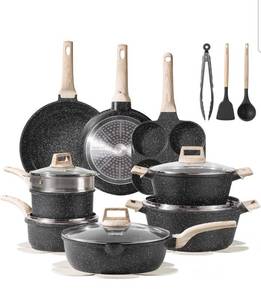 lot 17237 image: CAROTE 21pcs Pots and Pans Set Nonstick, Cookware Set Black Granite Induction Kitchen Cooking Set wFrying Pans & Saucepans(PFOS, PFOA Free) - Retail $189
