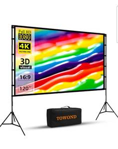 lot 17240 image: TOWOND Outdoor Projector Screen with stand, 120 inch Portable Movie Screen - 169 4K HD Foldable Anti-Crease Projection Screen with Carry Bag for Movie Nights, Camping and Parties Support Double Sided - Retail $69
