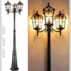 lot 17242 image: PARTPHONER Black Roman Outdoor Lamp Post, Triple Head Aluminum Street Light Post for Outside, Waterproof Pole Lighting Fixture with Water Glass for Backyard Garden Patio Driveway - Retail $179