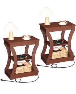 lot 17243 image: End Table set of 2 with Charging Station, Side Table with USB Ports and Outlets, Nightstand, 3 Tier Bedside Table with Storage Shelf for Living Room, Bedroom, small space, Cherry ETWA53E01S2 - Retail $99