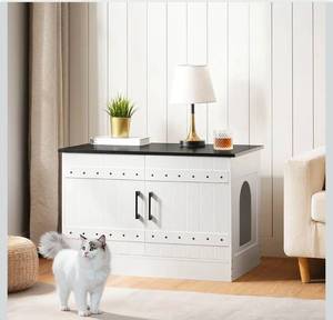 lot 17247 image: MAHANCRIS Cat Litter Box Enclosure, Hidden Litter Box Furniture with 2 Entrances, Wooden Cat Washroom, Farmhouse Indoor Cats House, End Table, 31.5 L x 19.7 W x 21.7 H, White and Walnut CWBZ3101 - Retail $0