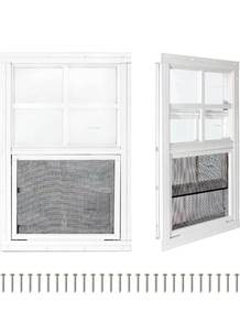 lot 17250 image: COLORPAPA 2 Pack Shed Windows,24 x 36 Small Sliding Windows,Flush Mount Windows with Tempered Glass and Fiberglass Screen for Shed, Chicken Coop, Playhouse, Household, Garage, Barns (White) - Retail $125