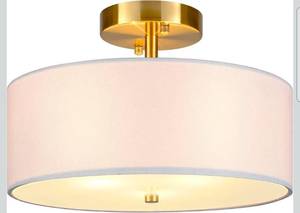 lot 17256 image: 12.6 Semi Flush Mount Ceiling Light Fixture, 3 Light Gold Drum Light Fixtures with White Fabric Shade, Modern Close to Ceiling Lighting for Living Room, Bedroom, Hallway, Entry, Foyer - Retail $59