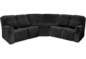 lot 17262 image: LightInTheBox 7-Piece Velvet Stretch Reclining Couch Covers 5 Seats Corner Sofa Cover L Shape Sectional Recliner Sofa Covers for Sofa Anti Slip Furniture Protector Thick Soft Washable (Black) - Retail $0